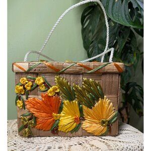Vintage 60's Raffia embroidered Straw  Basket box Purse